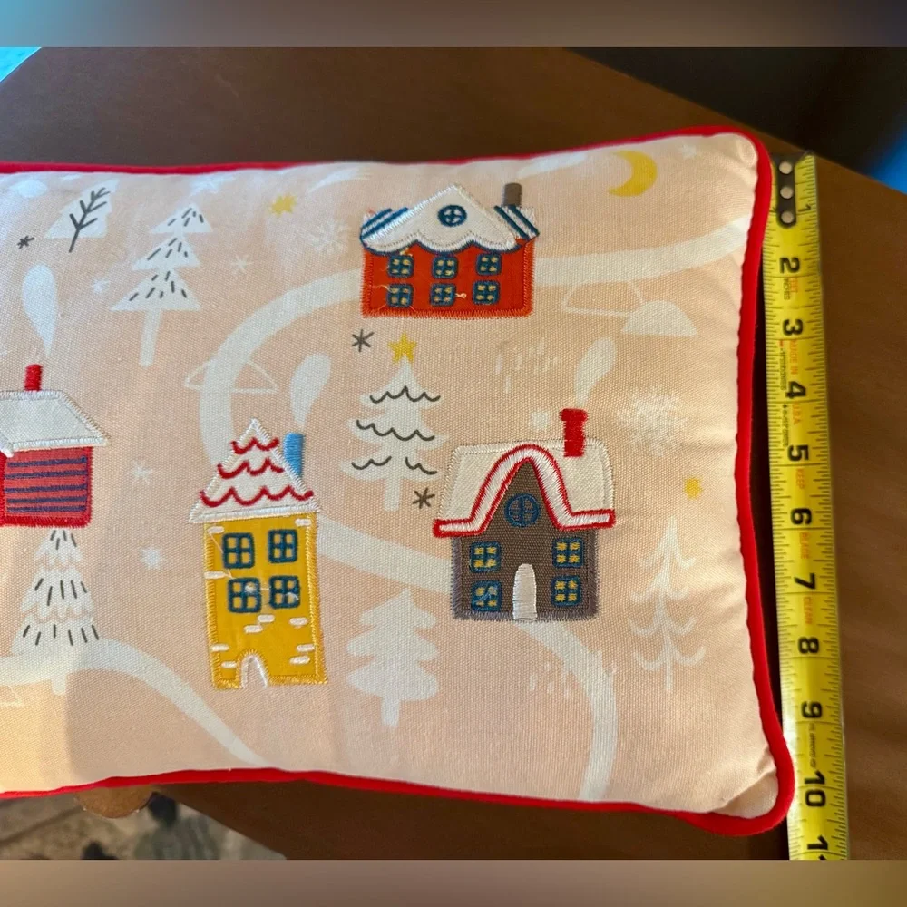 Festive Holiday Pillow with Colorful Houses